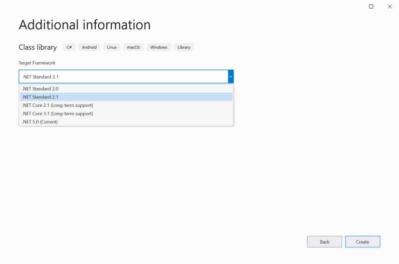 Select target framework for the project - Setting up the application ASP.NET Core