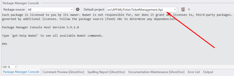 Package Manager Console - Execute migration - Adding an API using ASP.NET Core