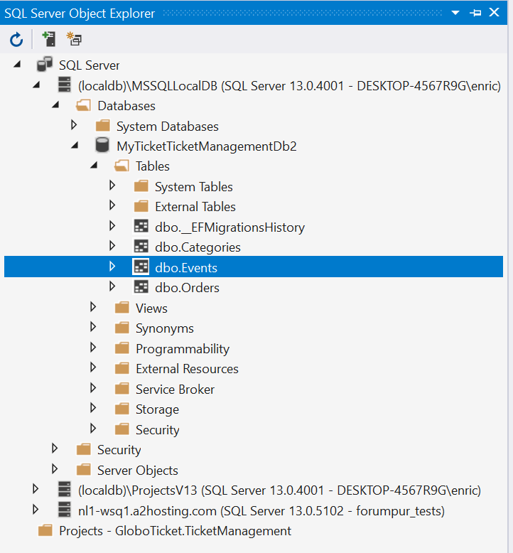 MyTicket database created - Adding an API using ASP.NET Core