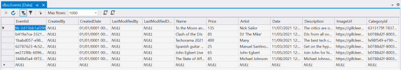 Data in Events for MyTicket database - Adding an API using ASP.NET Core