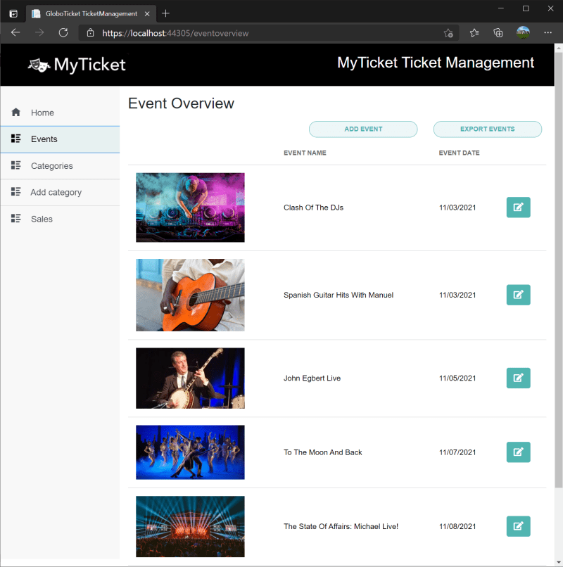List of events in MyTicker application