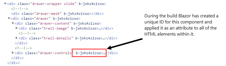 Inspecting the HTML of the application in a browser shows a unique ID applied to each HTML element belonging to the TrailDetails component