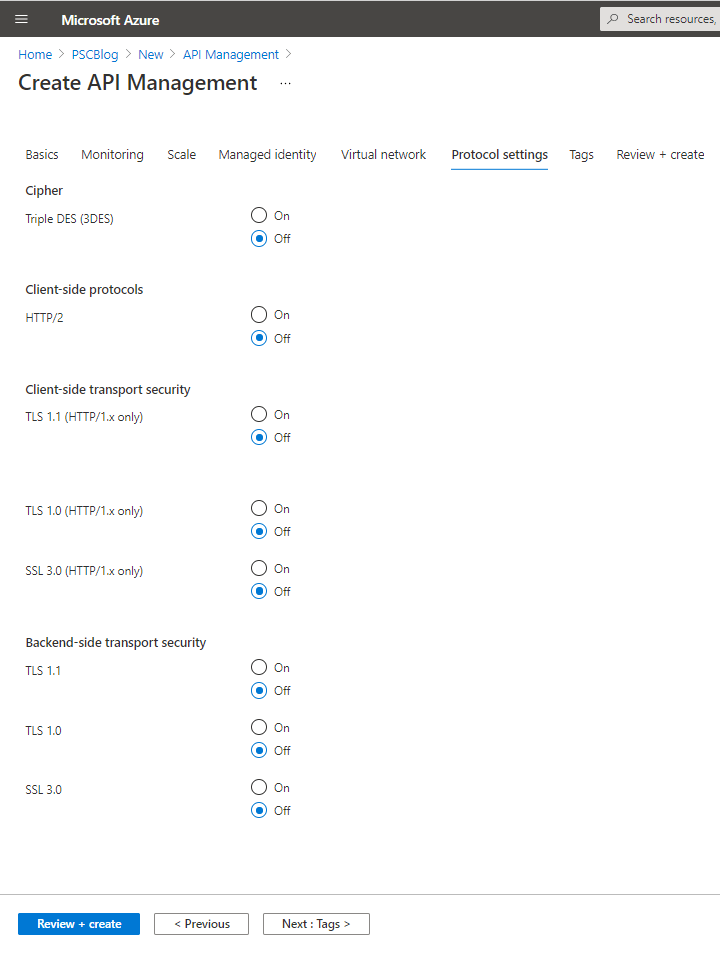 Protocol settings for API Management