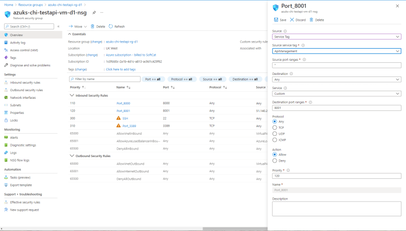 Network security group settings