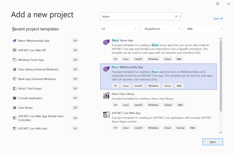 Select the Blazor WebAssembly App - Secure Blazor WebAssembly with IdentityServer4