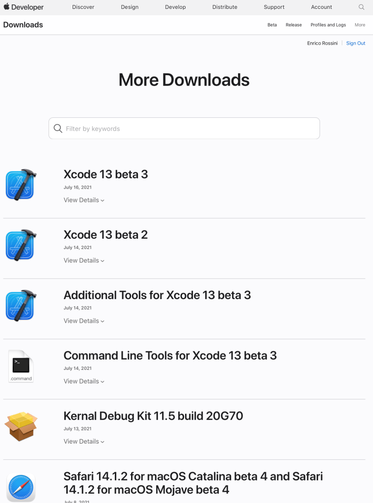 Apple Developer Site for downloading specific version of an Apple Software