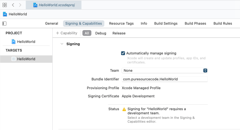 Project settings: Signing & Capabilities