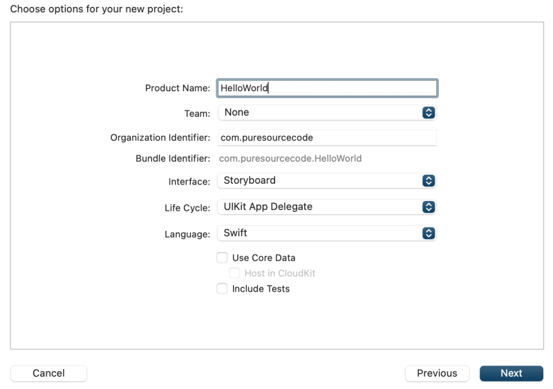 Xcode - Choose options for your new project - Hello World using Xcode and Swift