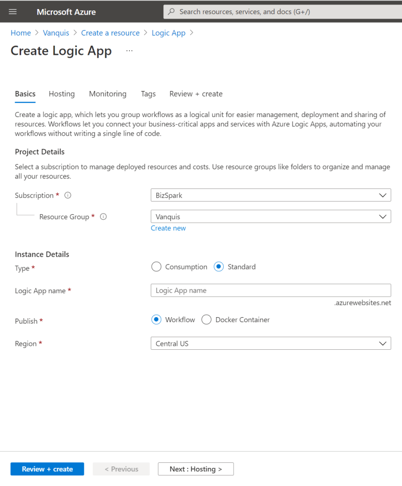 Form for creating a new Logic App
