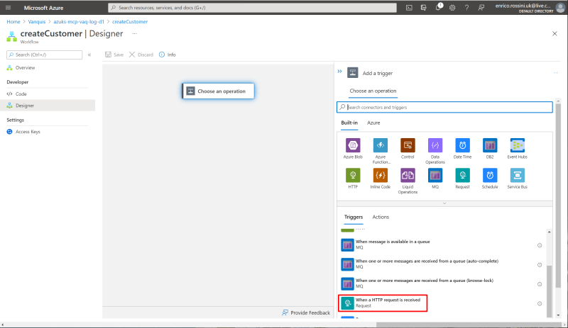 createCustomer workflow: choose an operation
