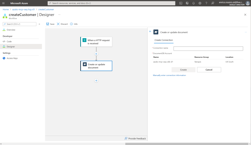 Create a connection with your DocumentDb