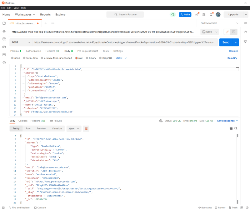 The request to the workflow with Postman