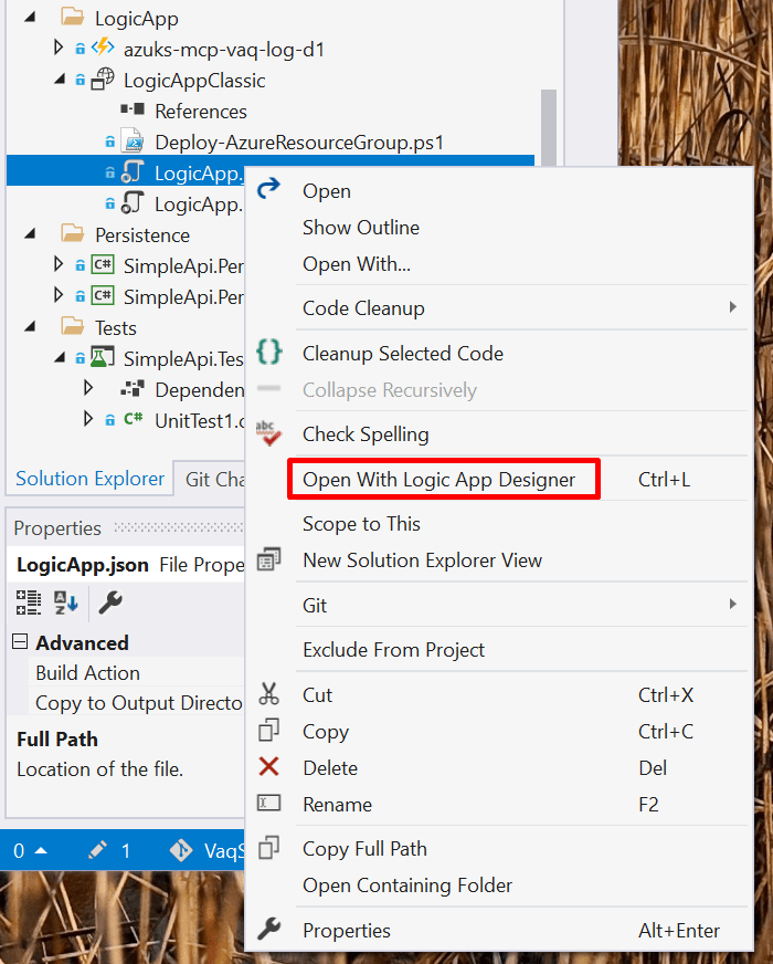 Visual Studio 2019: Open With Logic App Designer