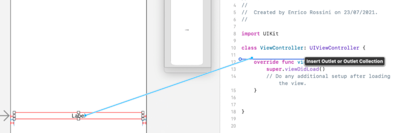 Outlet between ViewController.swift and the code file