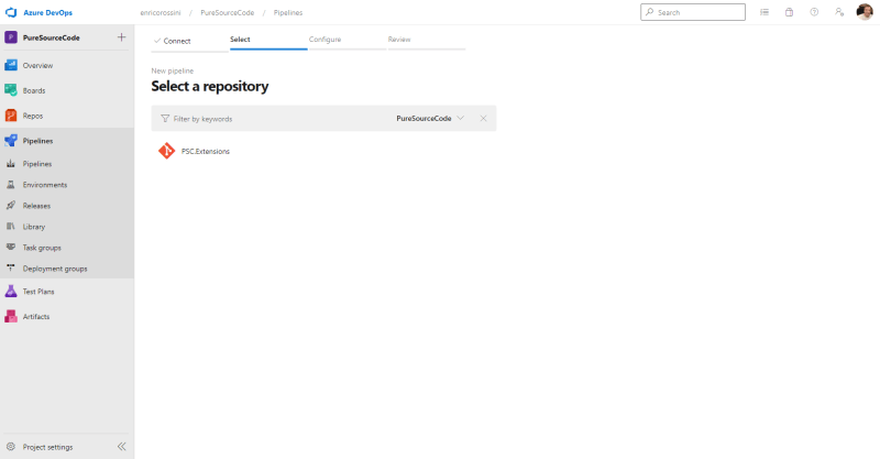 Select a repository in Azure DevOps for pipeline