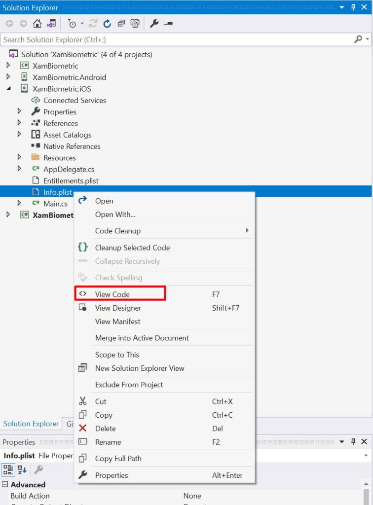 View code for Info.plist - Using biometric identification in Xamarin Forms