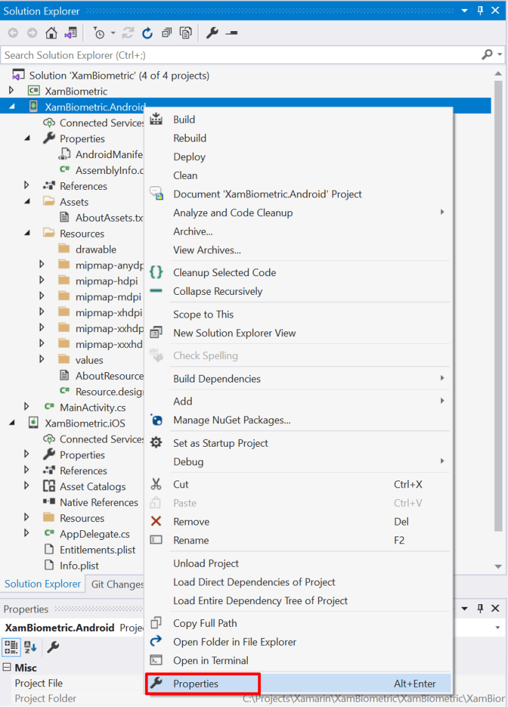 Properties for the Android project - Using biometric identification in Xamarin Forms