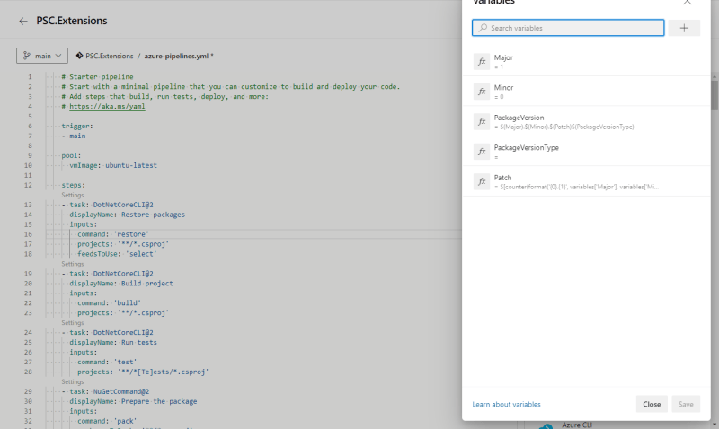 Add variables in the Azure DevOps pipeline - NuGet package versioning with DevOps