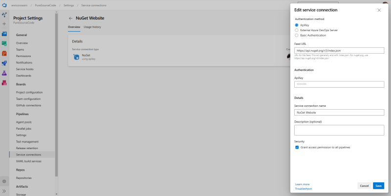 Create\Edit a service connection for NuGet.org in Azure DevOps - Ultimate pipeline for NuGet packages