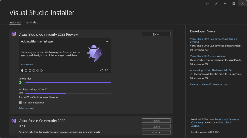 Visual Studio Installer in progress - Install MAUI with Visual Studio 2022 (Preview)