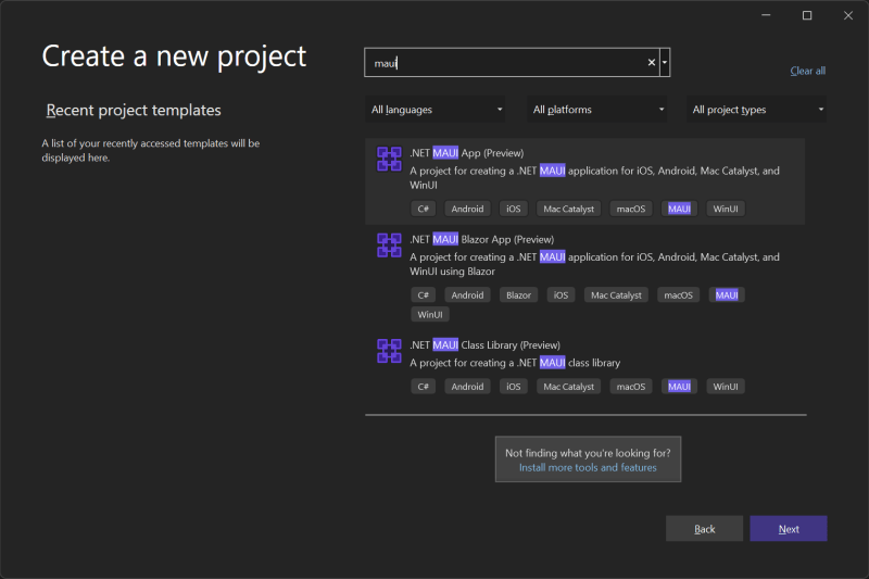 Create a new project with MAUI - Install MAUI with Visual Studio 2022 (Preview)
