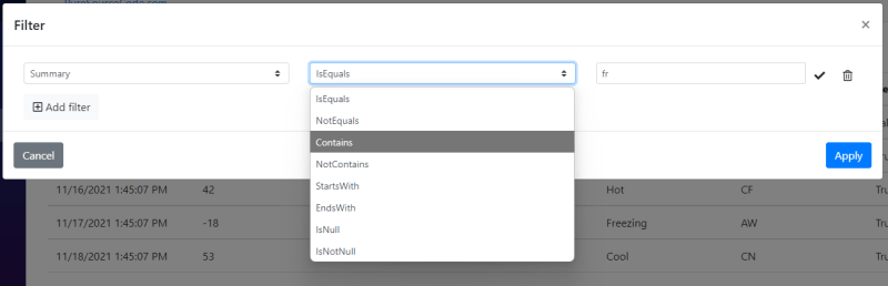 Filter popup (automatically generated)