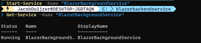 PowerShell starts the new service - Managing a .NET Service with Blazor