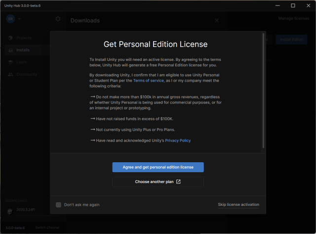 Accept personal licence - Start with Unity 2021