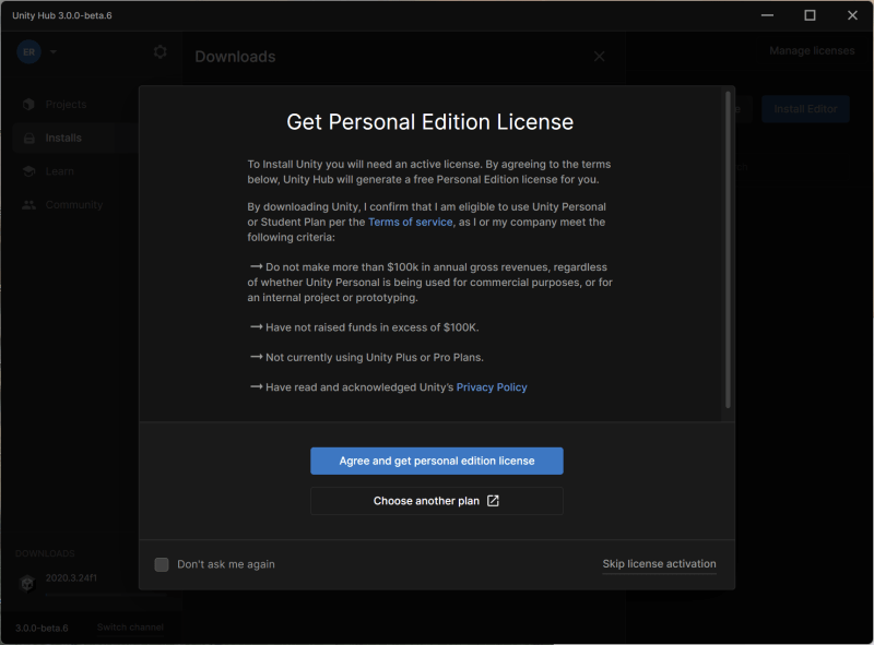Accept personal licence - Start with Unity 2021