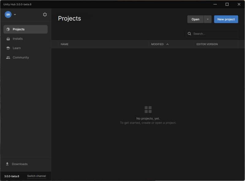 Unity Hub home page
