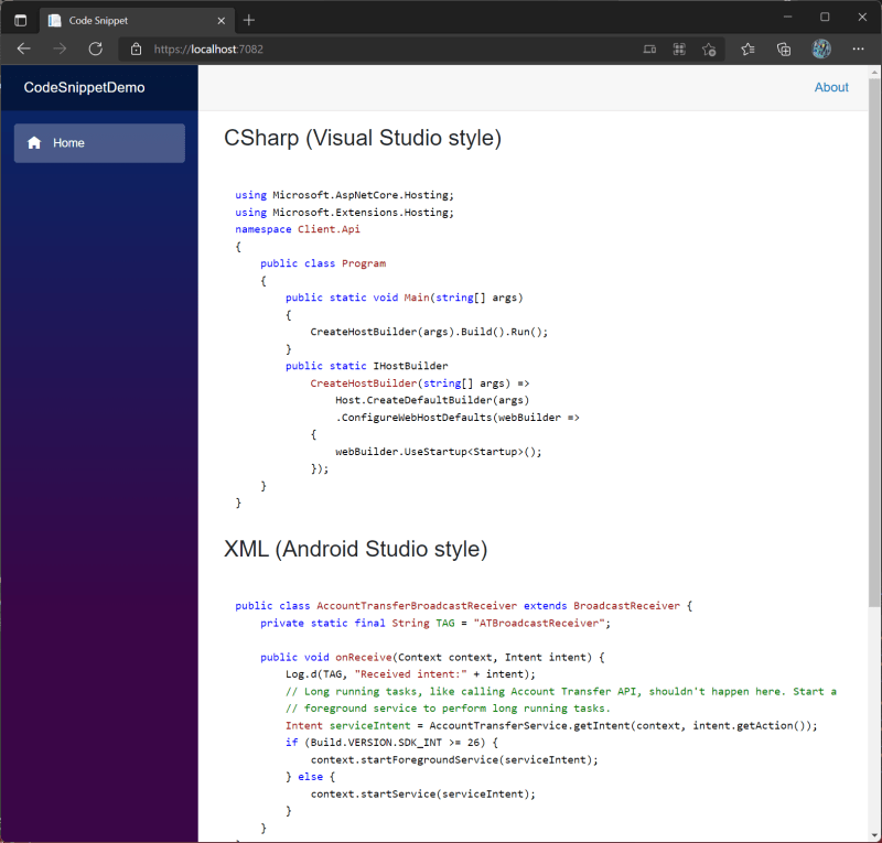 Code Snippet demo application - Add Code Snippet in Razor pages