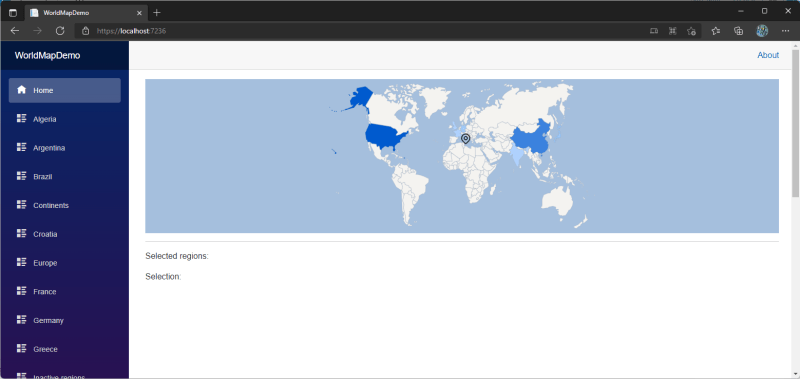 Example with pins - World Map component for Blazor