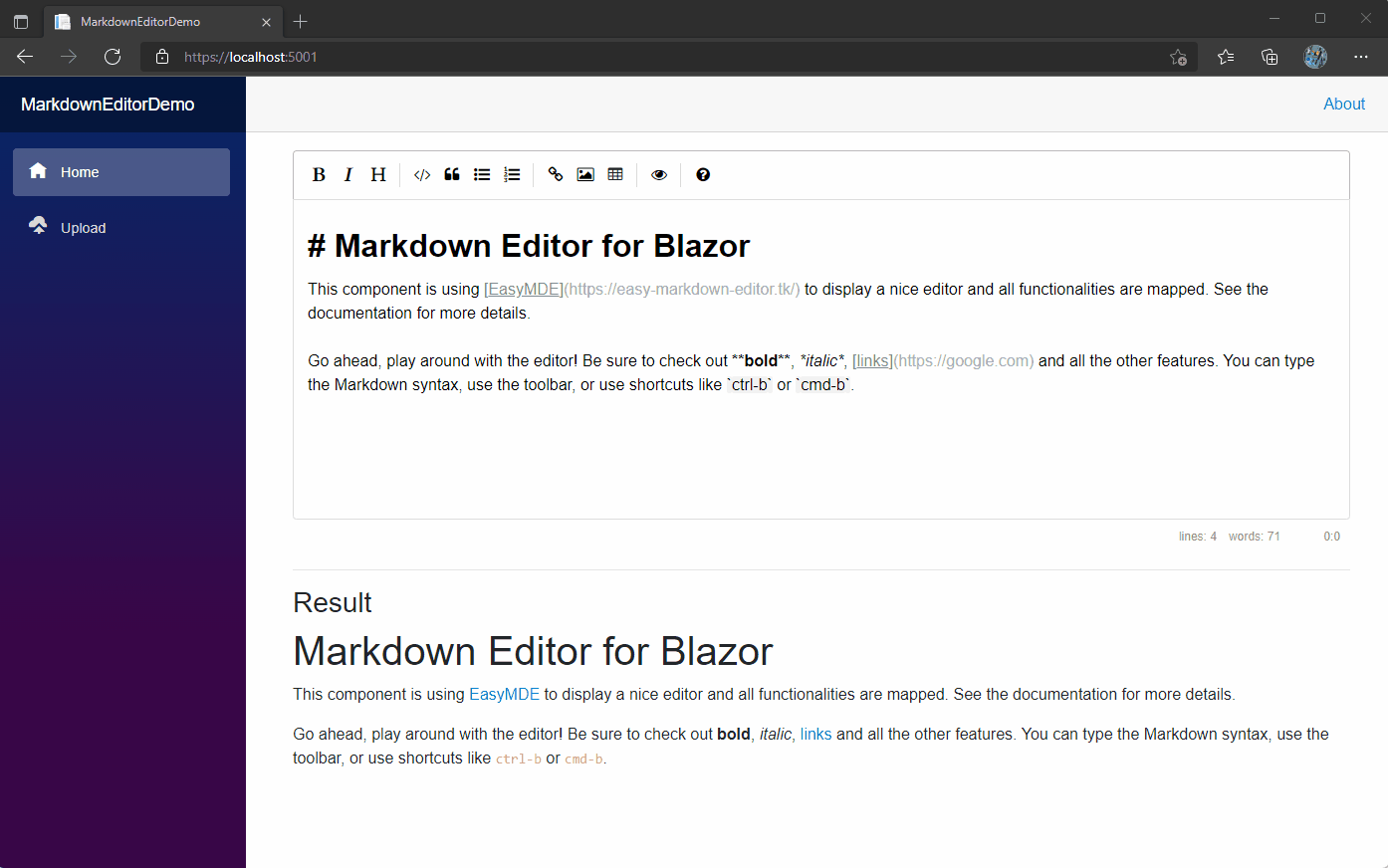 markdown editor for blazor example