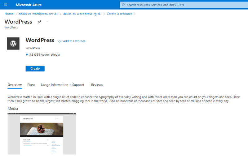 Start the creation of a new WordPress instance on the Azure portal - Deploy WordPress with Azure DevOps