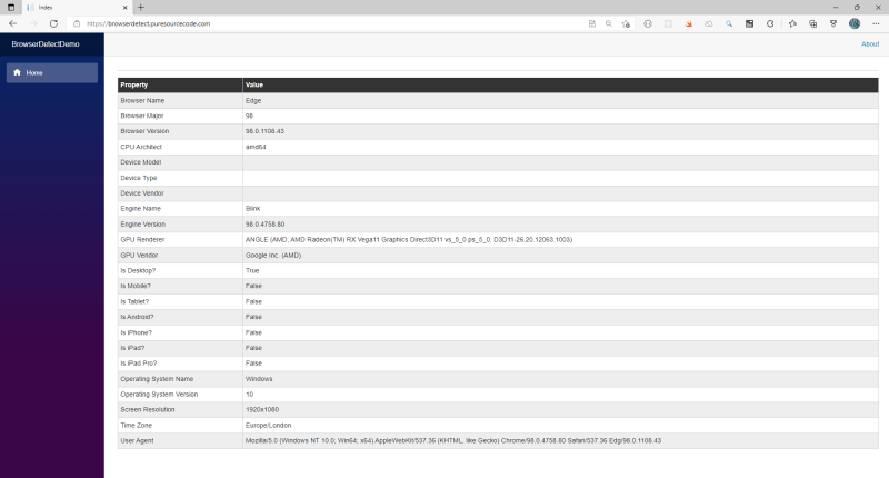 Browser detection in action on the website - Browser detect component for Blazor