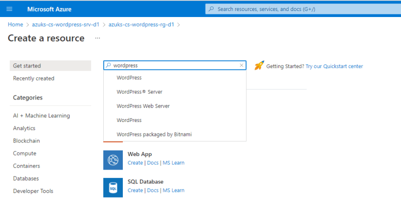 Create a resource in the Azure portal - Deploy WordPress with Azure DevOps