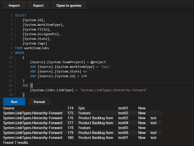 The query in the editor