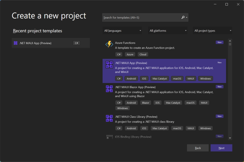 Create a new project - Start with MAUI