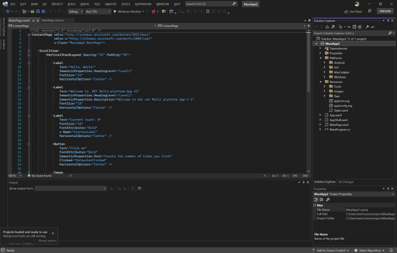 Visual Studio with the new MAUI project - Start with MAUI
