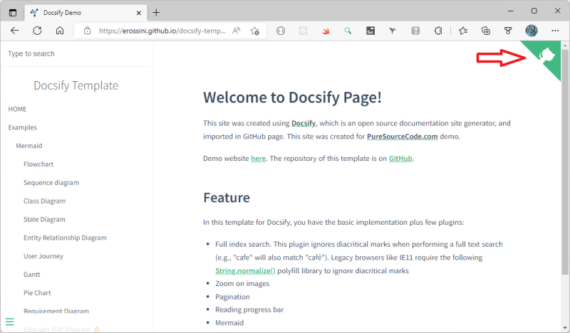 The template runs - Create documentation with Docsify and GitHub Pages