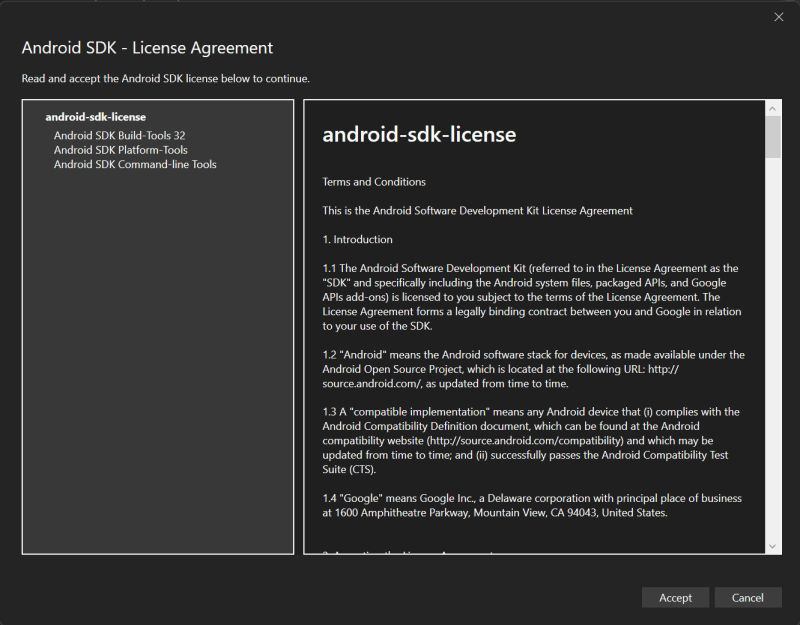 Android SDK - Licence Agreement - Exploring planets with MAUI