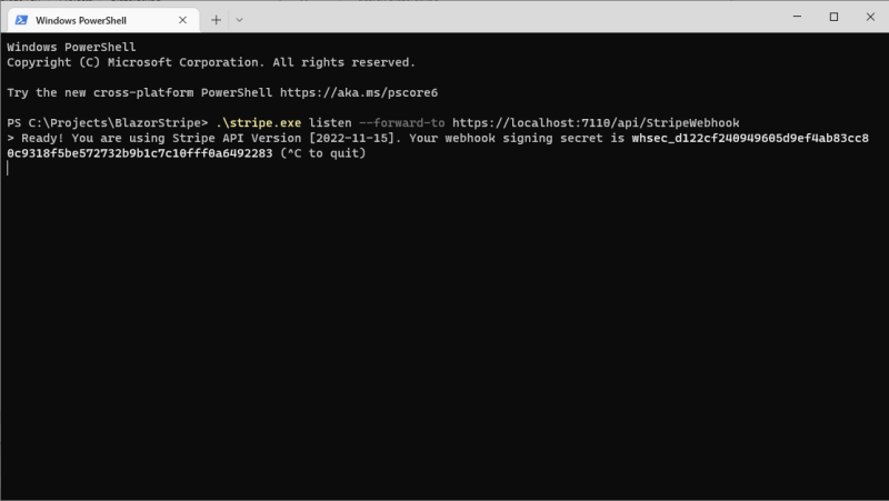Stripe CLI is listenning for webhooks