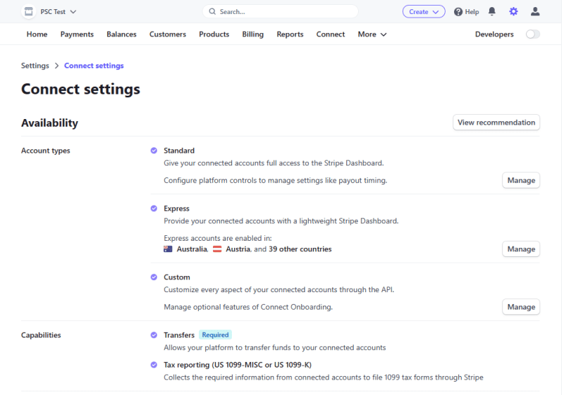 Stripe Connect settings