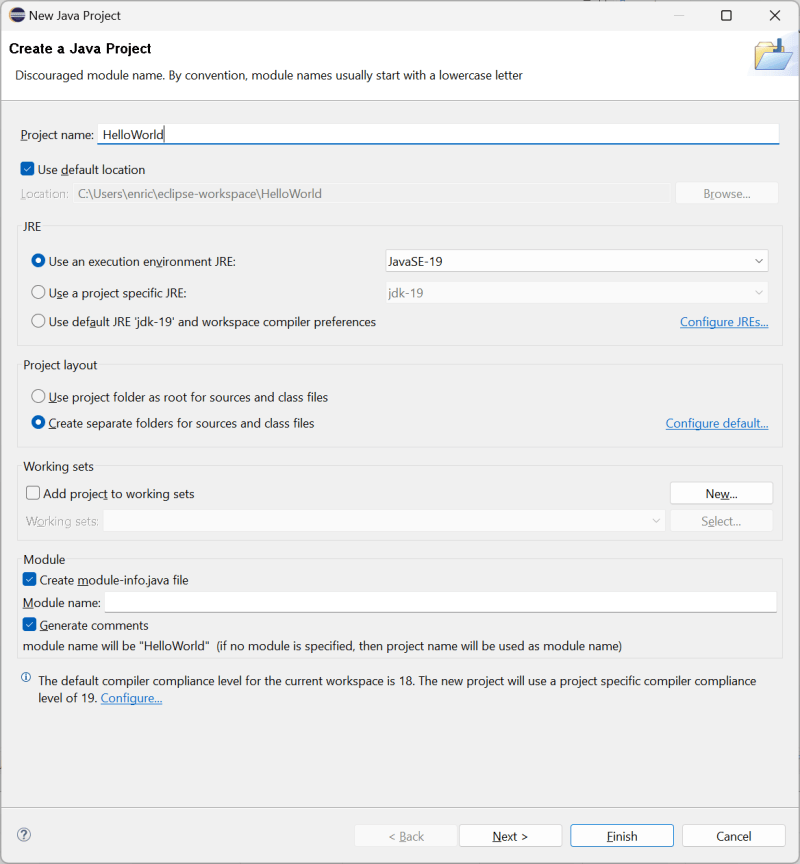 New Java project window