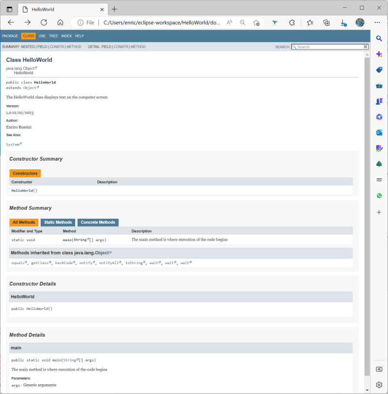 The javadoc page generated from the code
