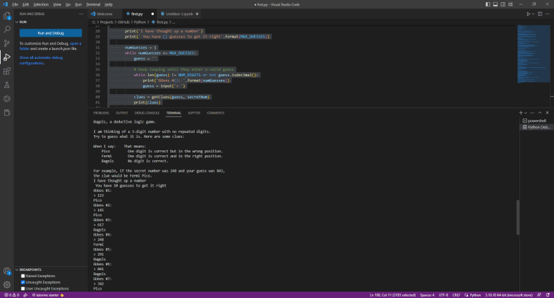 Bagels in action with Visual Studio Code - Bagels a logic game in Python