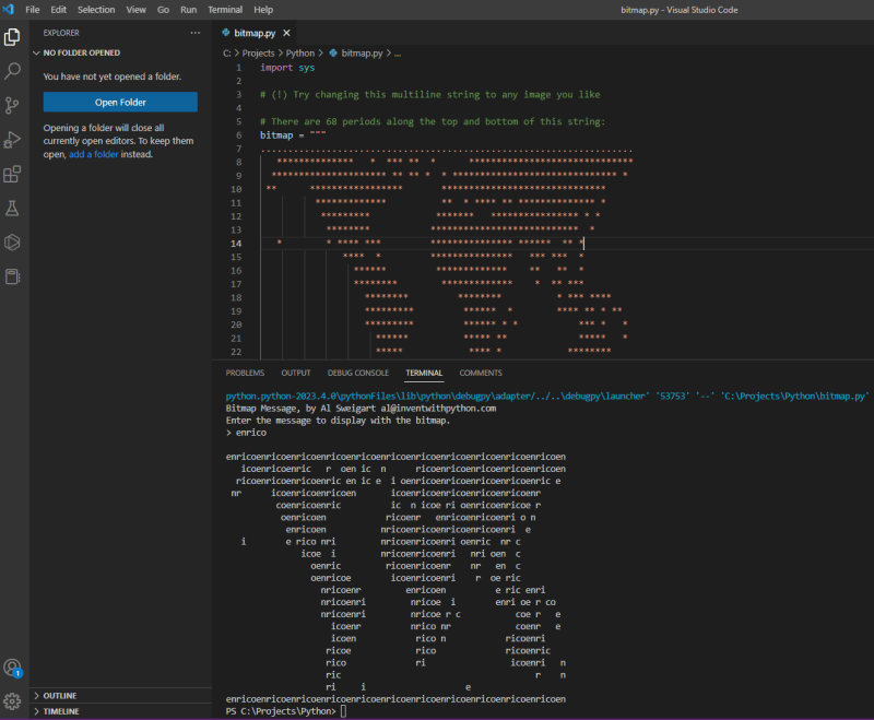 The output in Visual Studio Code - Bitmap message in Python