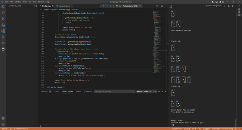 Blackjack in action with Visual Studio Code - Play blackjack with Python
