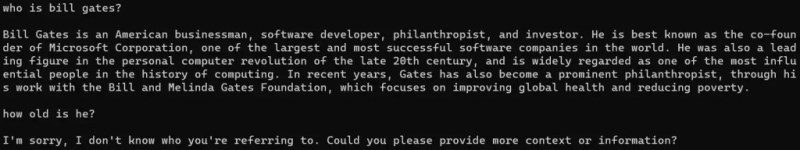 Image to show the behaviour of ChatGPT when it is not fed the conversation's previous messages.
