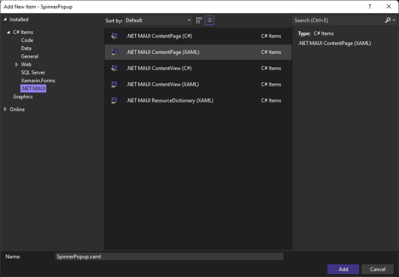 New .NET MAUI ContentPage (XAML) from the Add New Item dialog.